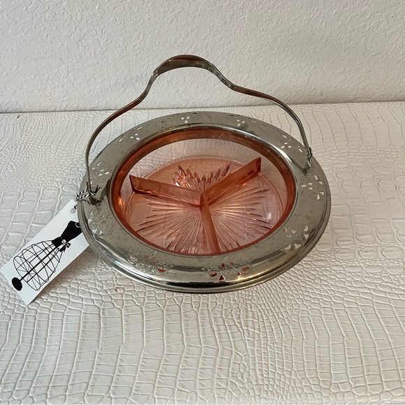 Vintage Silver and Pink Glass Serving Tray